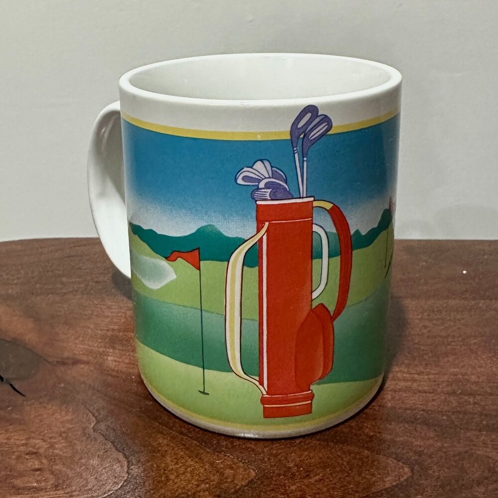 Vintage 80s Otagiri Japan Golf Ceramic Mug White Coffee Cup Angela Ackerman‎